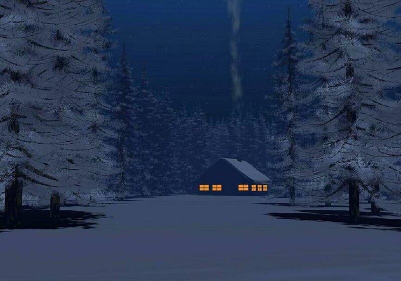 Snowy cabin at night