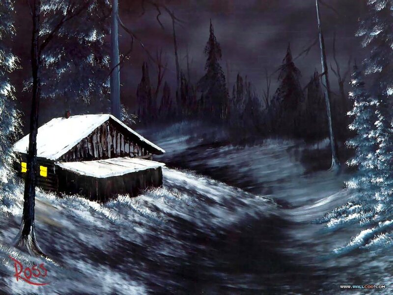 Snowy Cabin at Night