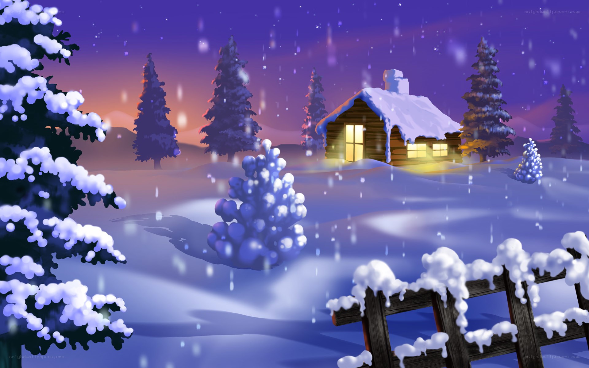 Snowy cabin at night