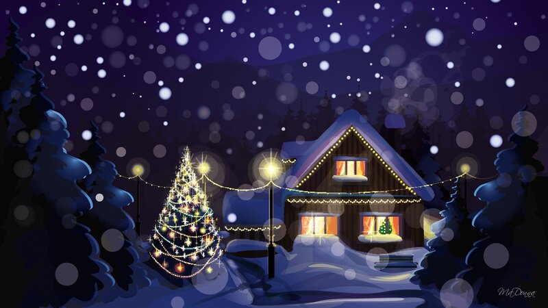 Snowy Cabin at Night — Blue, Cozy