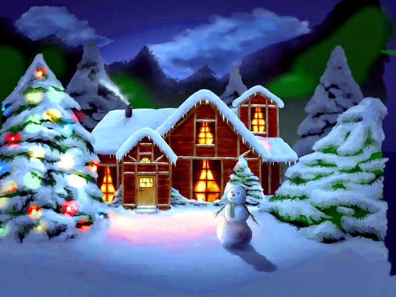 Snowy Cabin at Night — Blue, Peaceful, Digital Art, Christmas Tree, Snowman