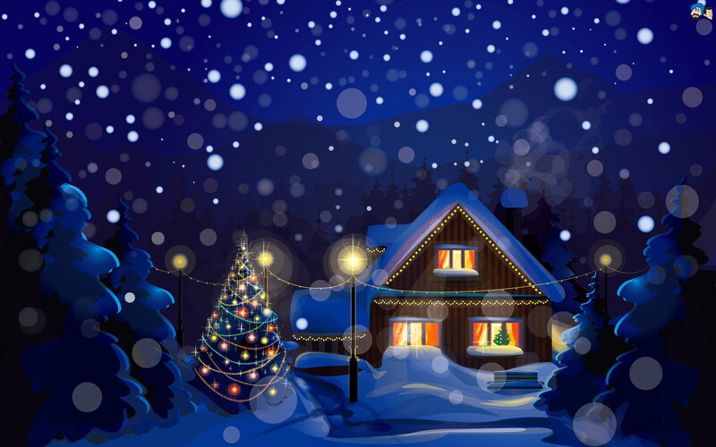 Snowy Cabin at Night — Blue, Peaceful, Digital Art