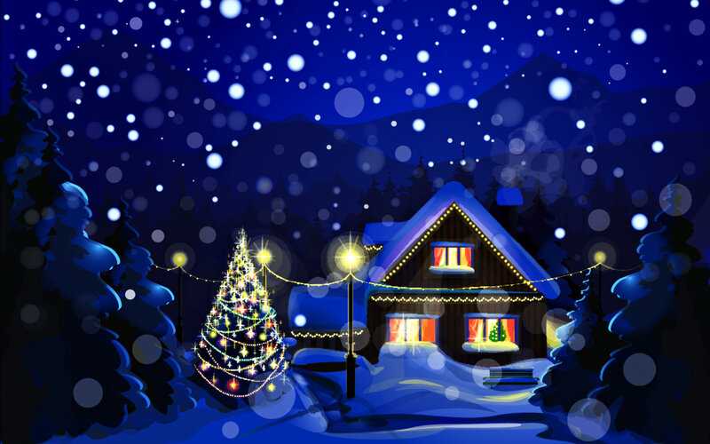 Snowy Cabin at Night — Blue, Peaceful