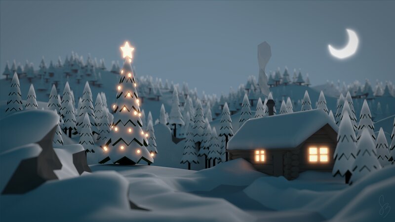 Snowy Cabin at Night — Blue, Serene, 3d Render