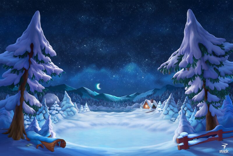 Snowy Cabin at Night — Blue, Serene, Digital Art, Trees