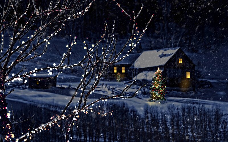 Snowy Cabin at Night — Blue, Serene, Photograph