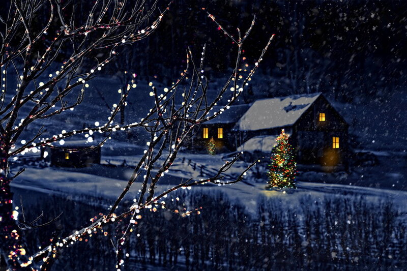Snowy Cabin at Night — Blue, Serene