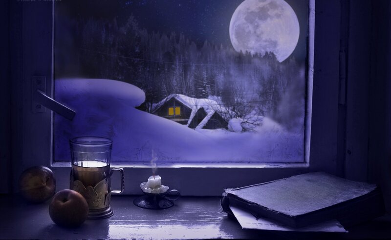 Snowy Cabin at Night — Purple
