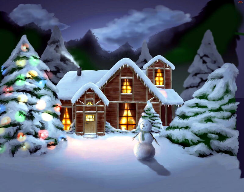 Snowy Cabin at Night — White, Cozy
