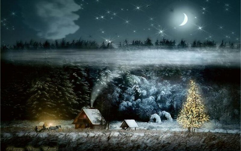 Snowy Cabin at Night — White, Serene