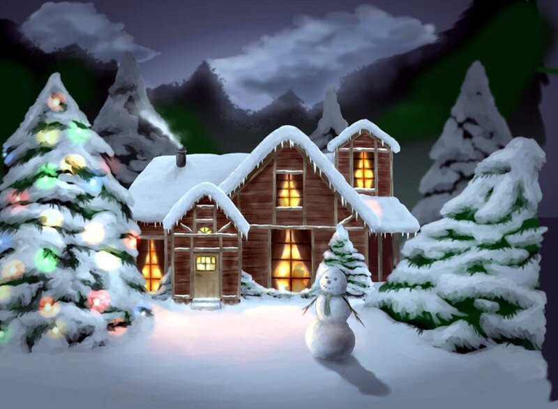 Snowy Cabin at Night — White