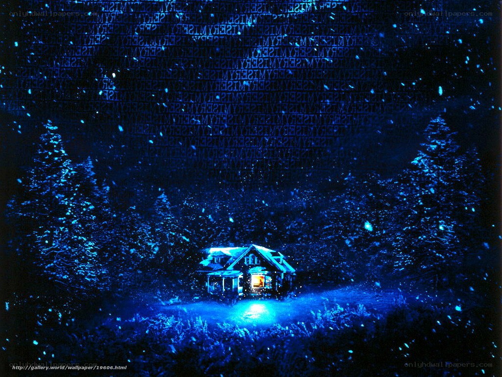 Snowy cabin at night