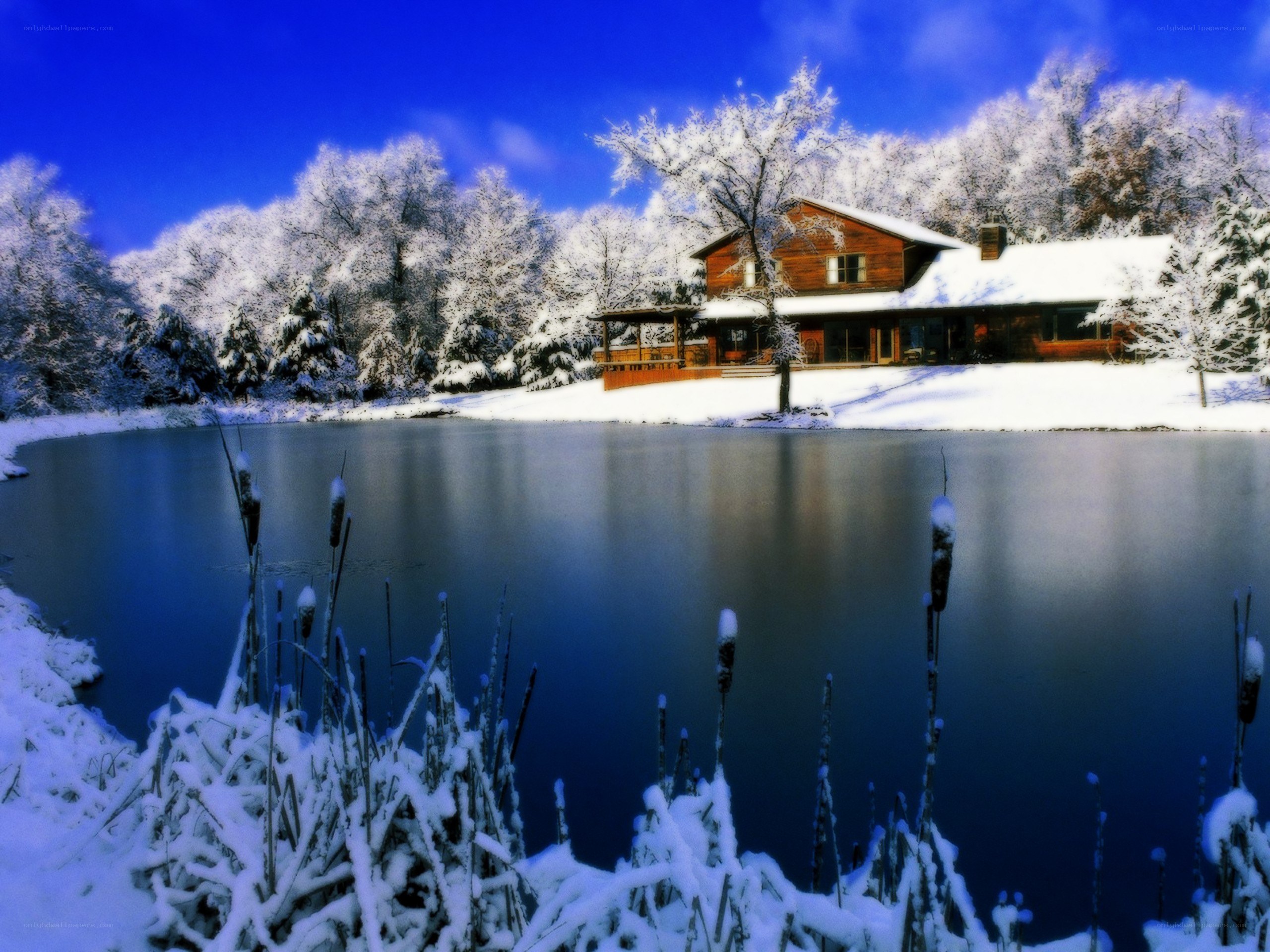 Snowy cabin by a lake