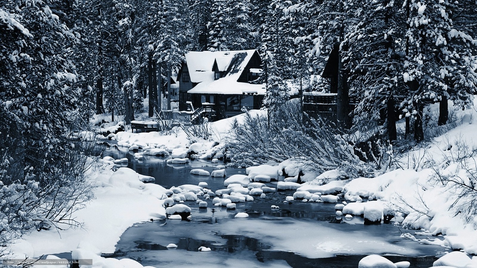 Snowy Cabin by a River
