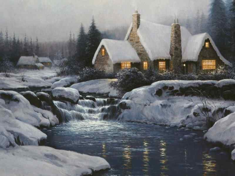 Snowy cabin by a stream