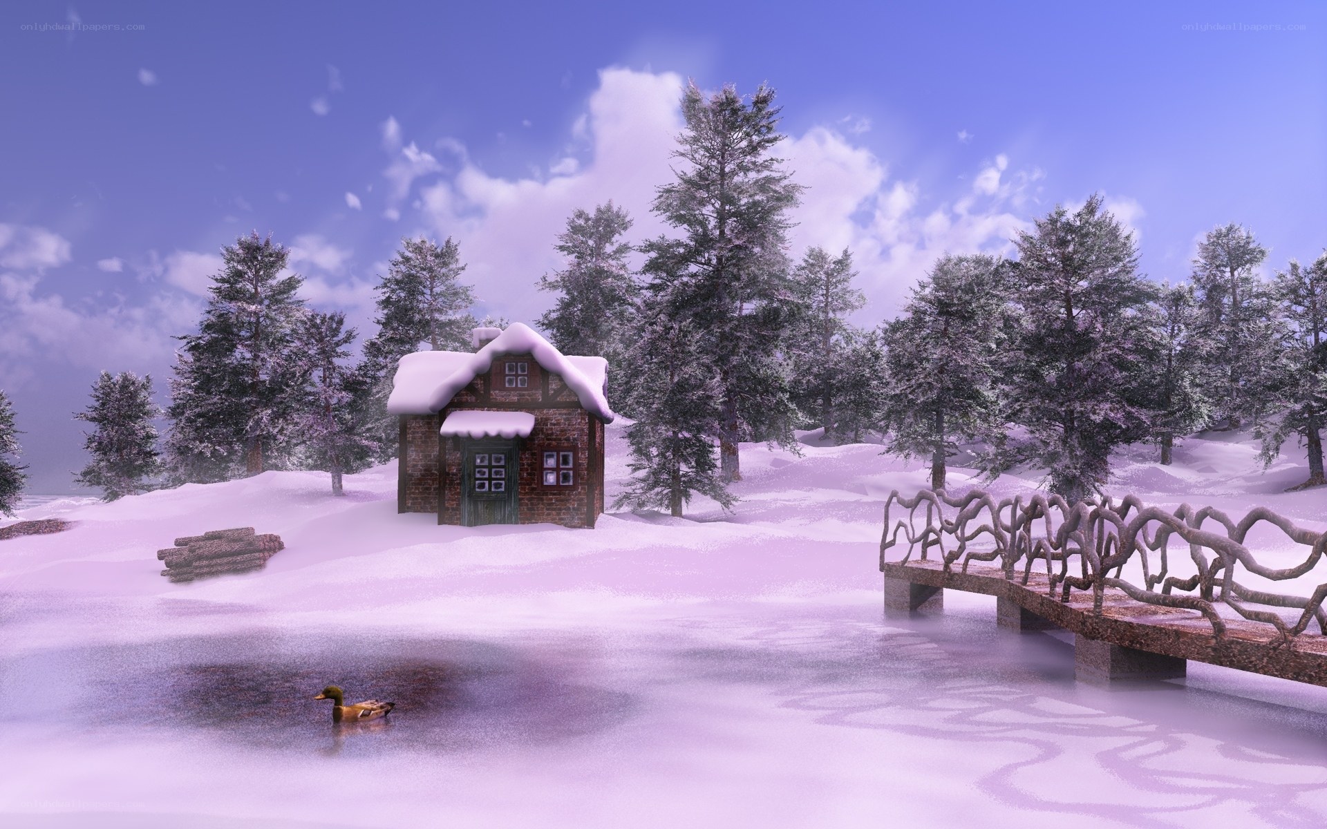 Snowy cabin by frozen pond