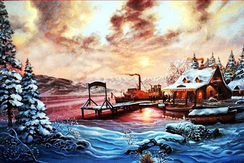Snowy Cabin by Lake — Blue
