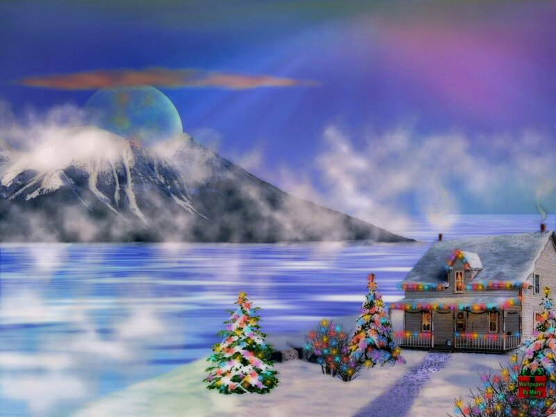 Snowy Cabin by Lake
