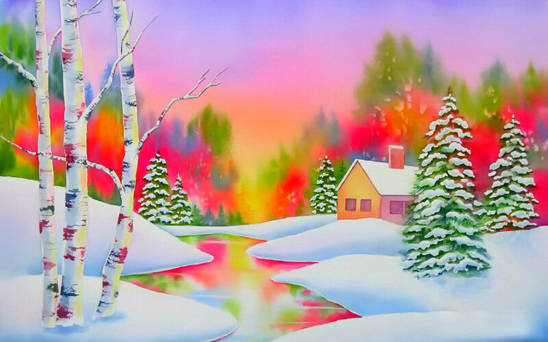 Snowy Cabin by River