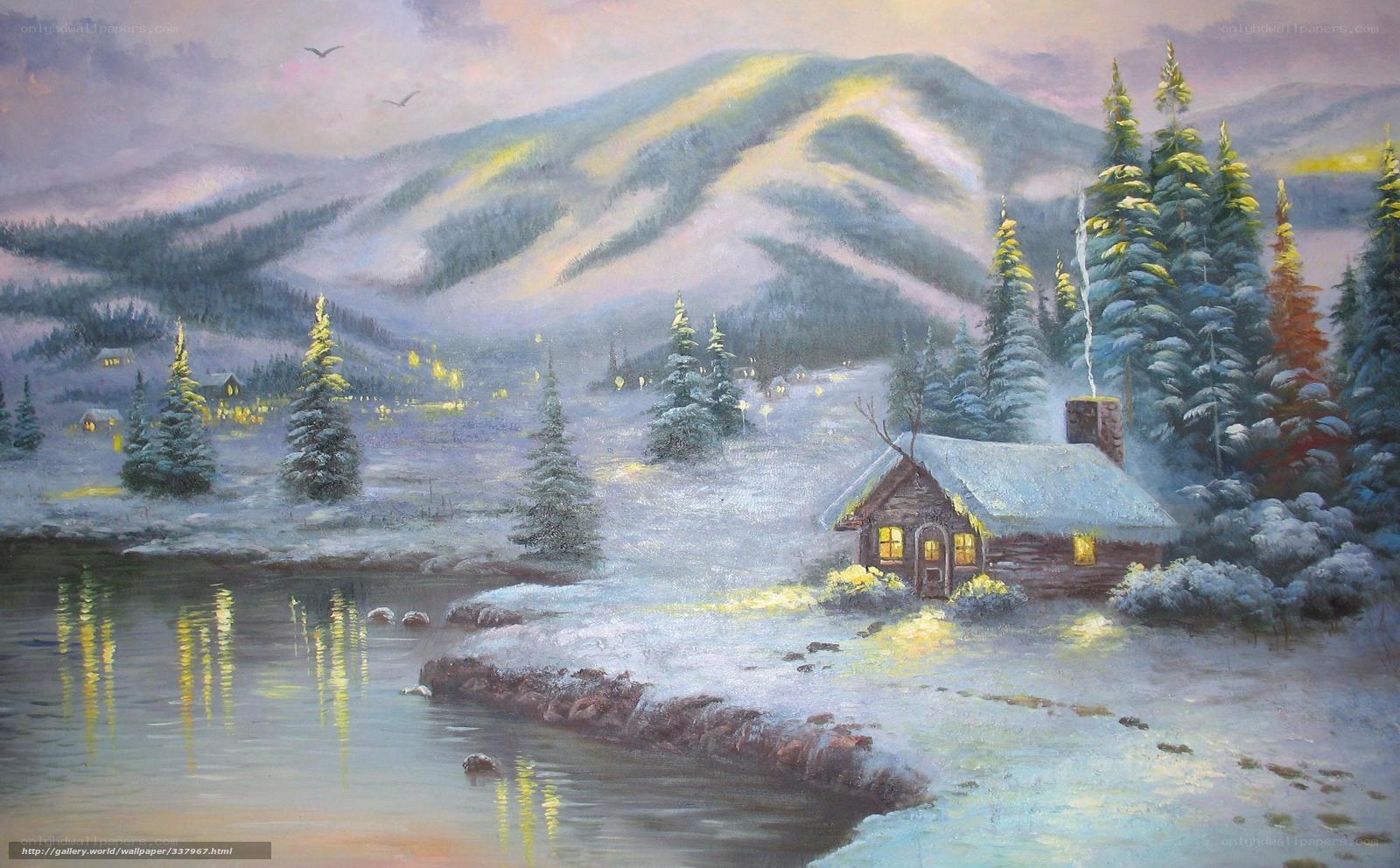 Snowy Cabin by the Lake