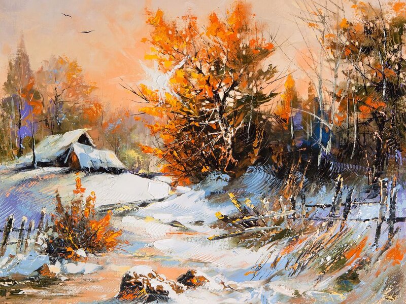 Snowy Cabin in Autumn