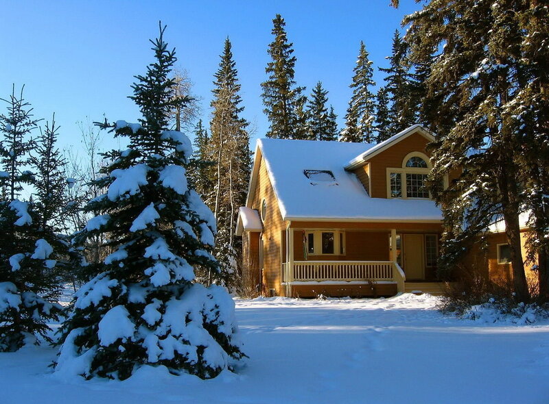 Snowy cabin in forest