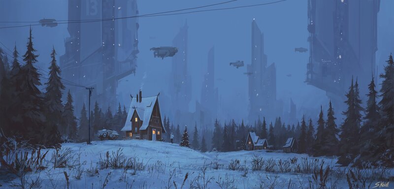 Snowy Cabin in Forest — Blue, Serene