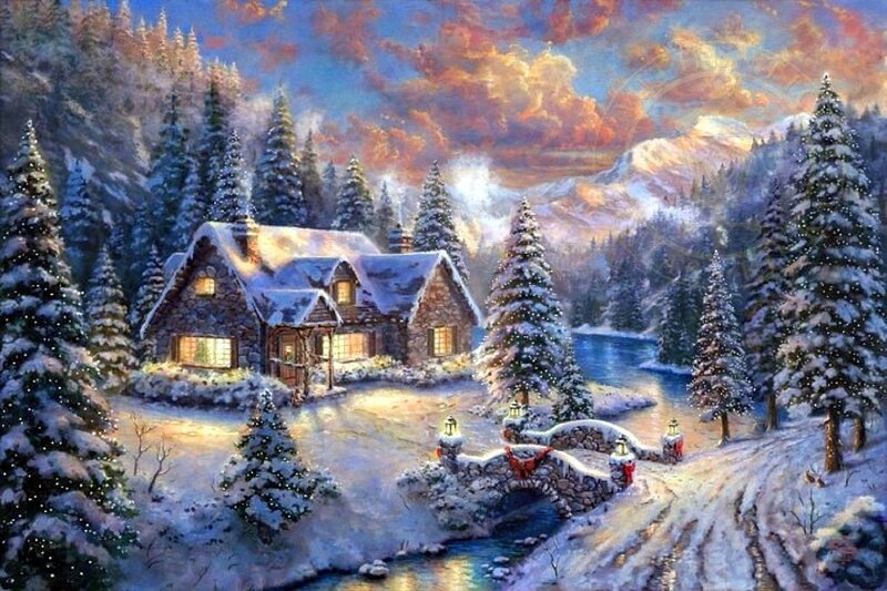 Snowy Cabin in Forest — Blue