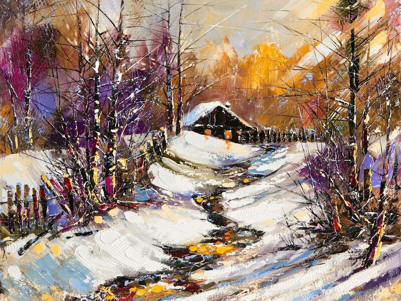 Snowy Cabin in Forest — White