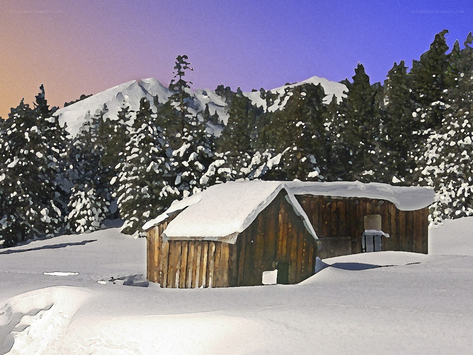 Snowy cabin in mountain forest