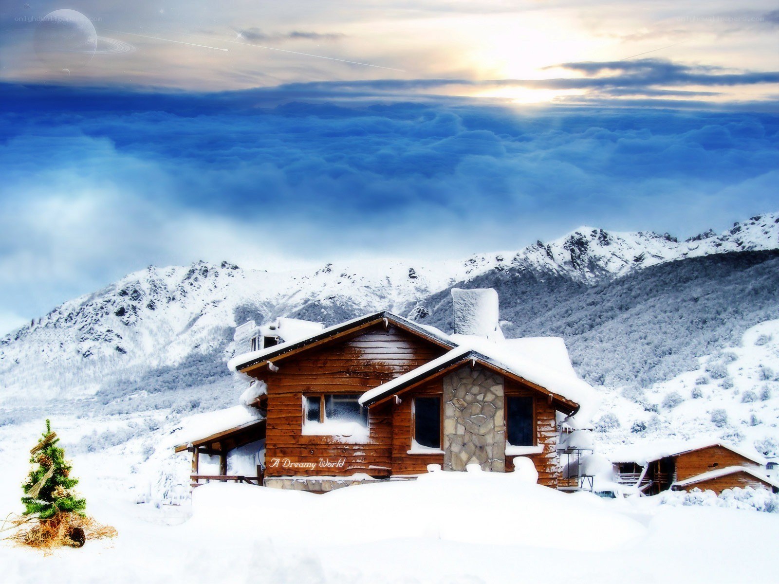 Snowy cabin in mountain landscape