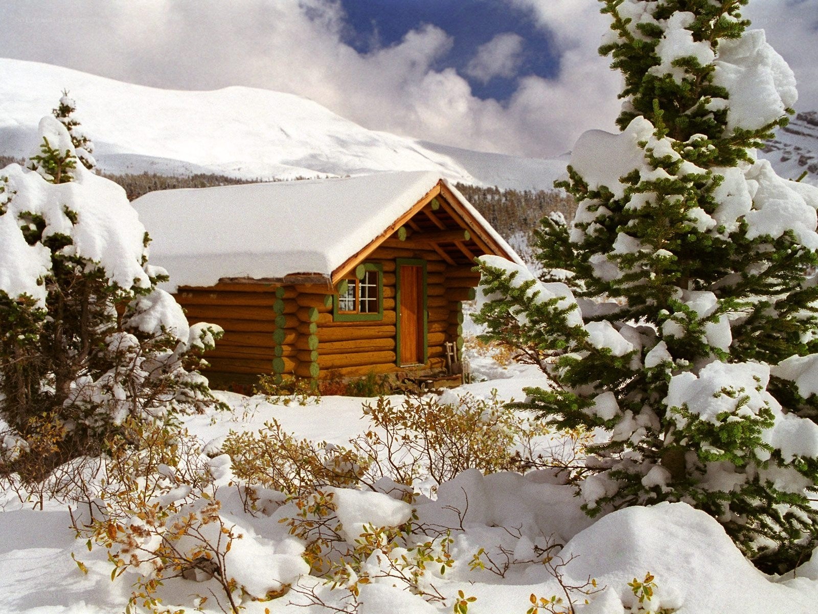 Snowy cabin in mountain landscape