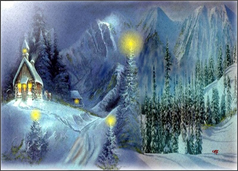 Snowy Cabin in Mountains — Blue