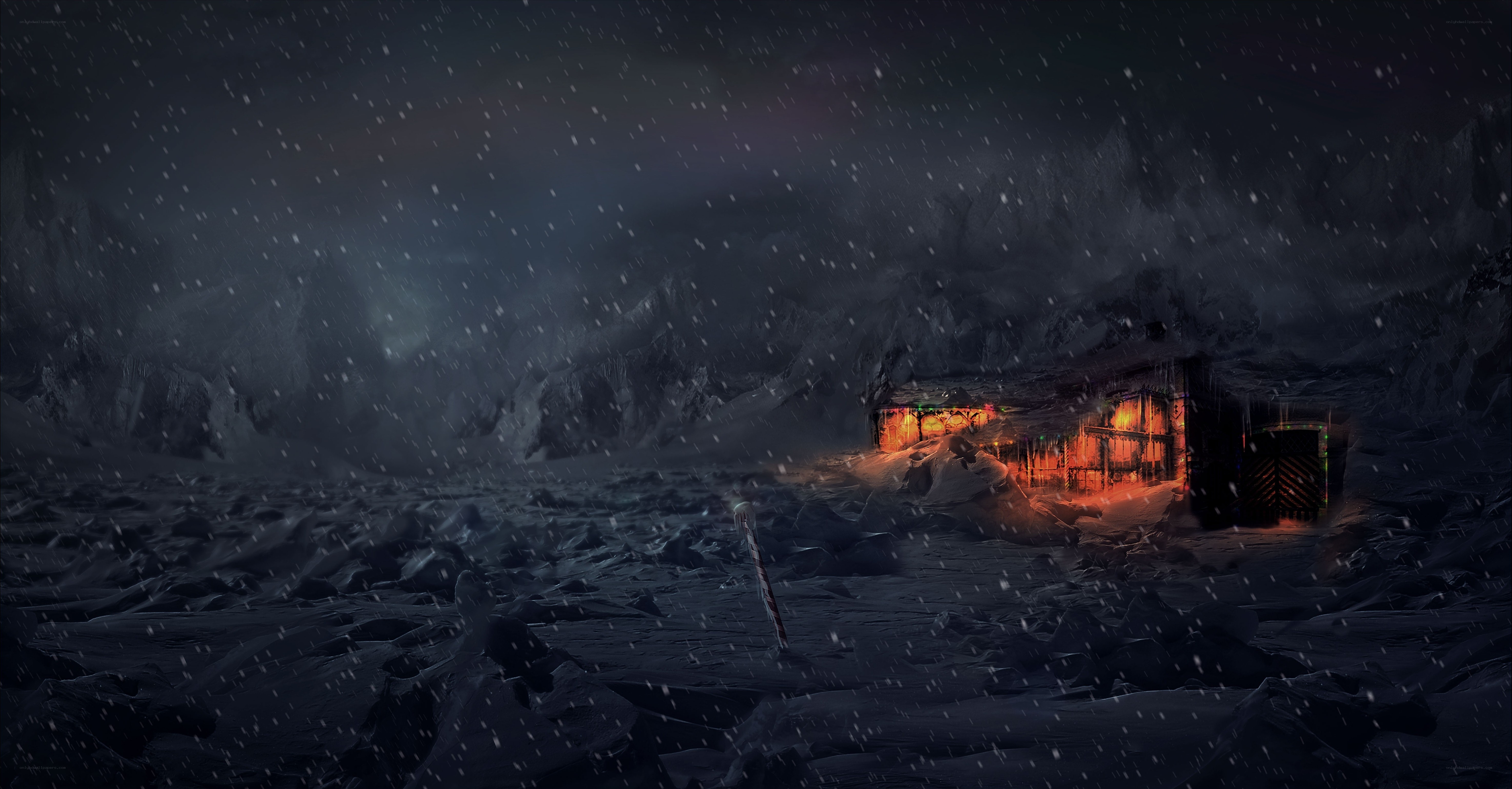 snowy cabin in mountains