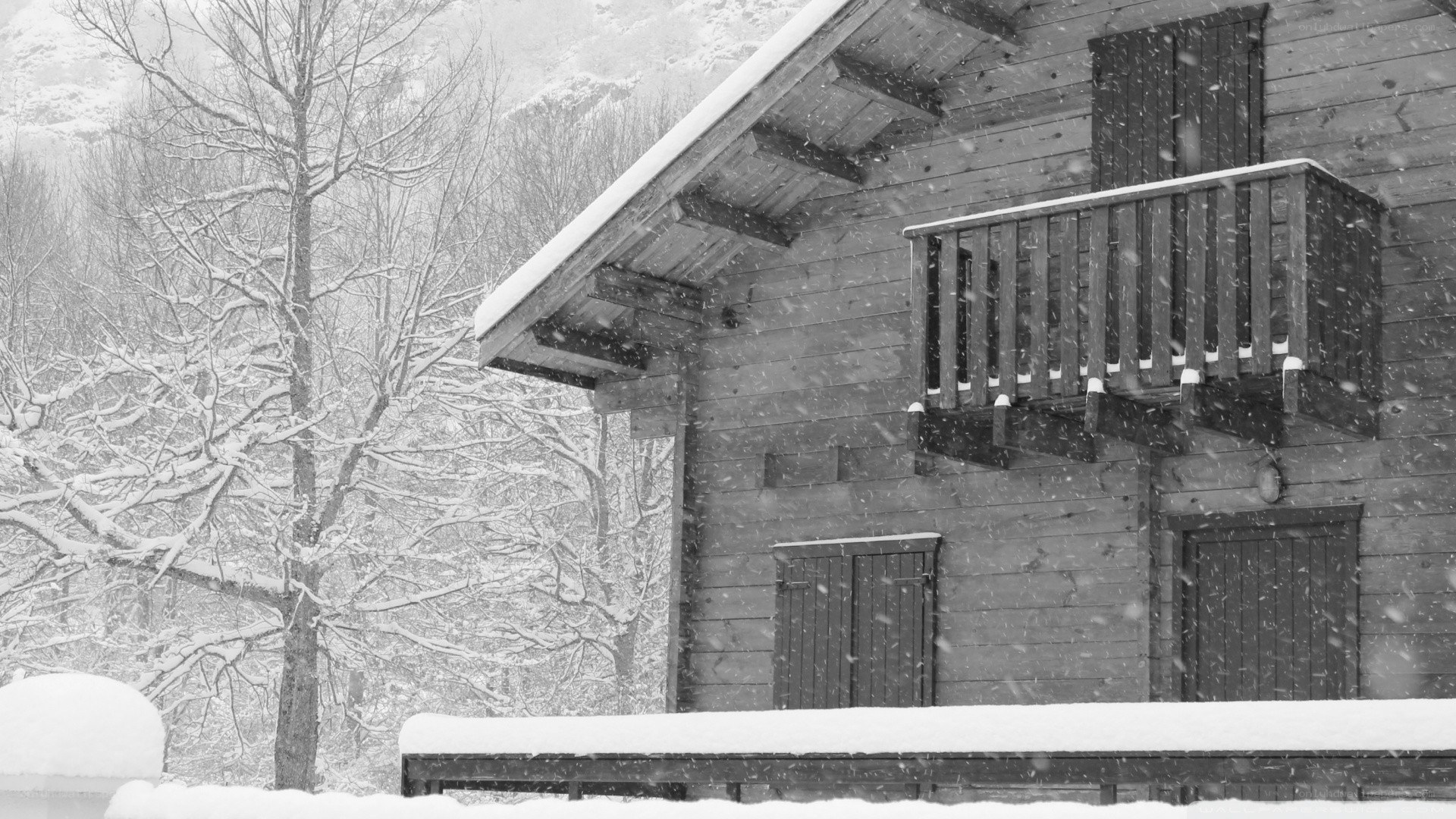 Snowy cabin in winter