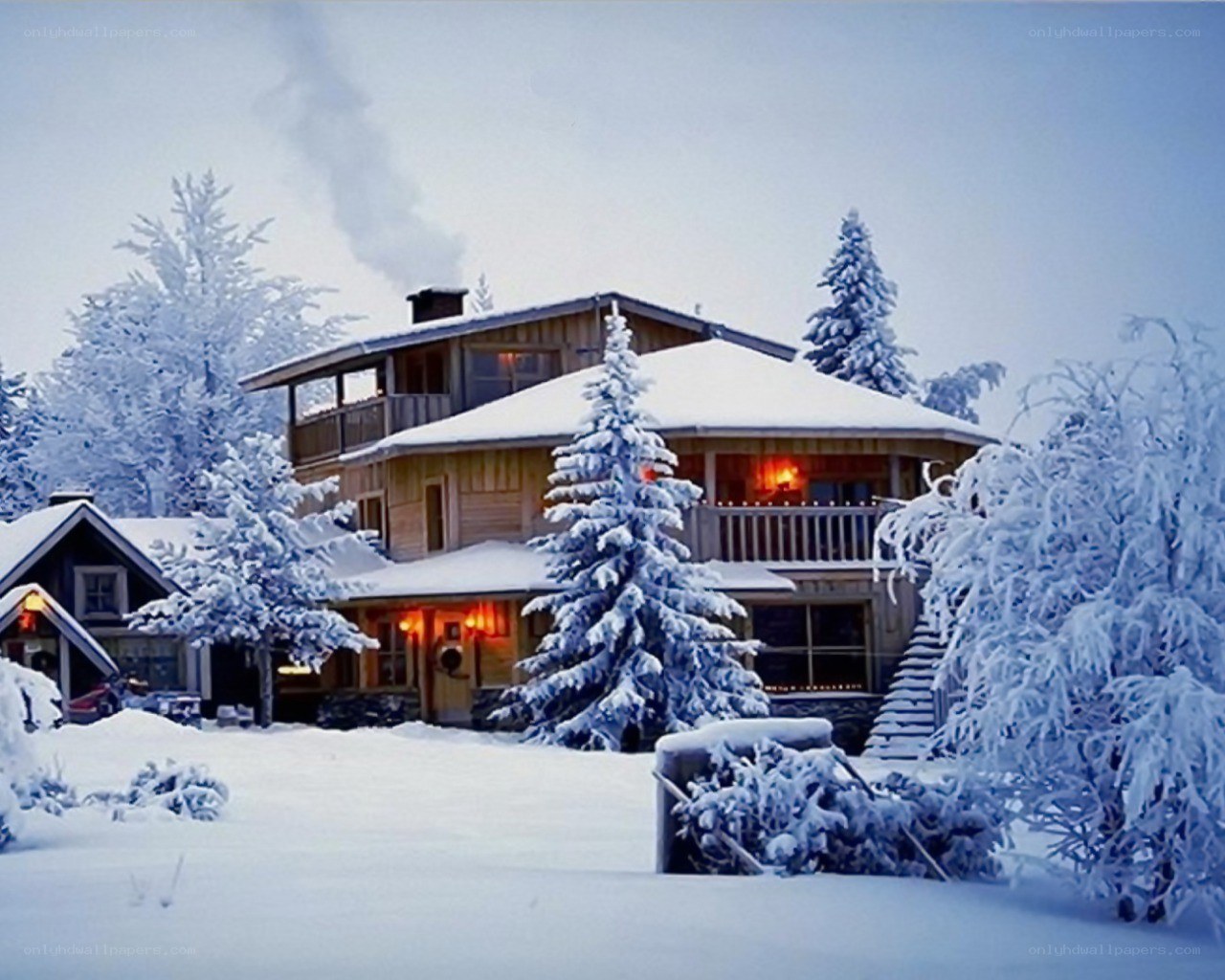 Snowy cabin in winter