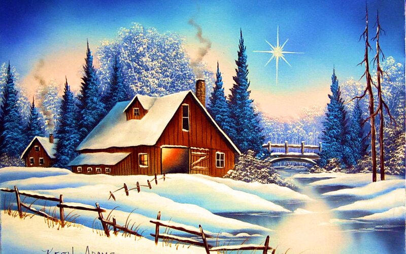 Snowy Cabin in Winter — Blue