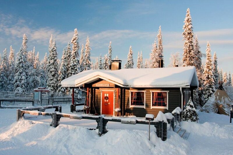 Snowy cabin in winter forest