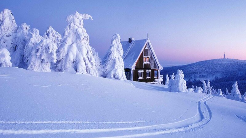 Snowy cabin in winter landscape