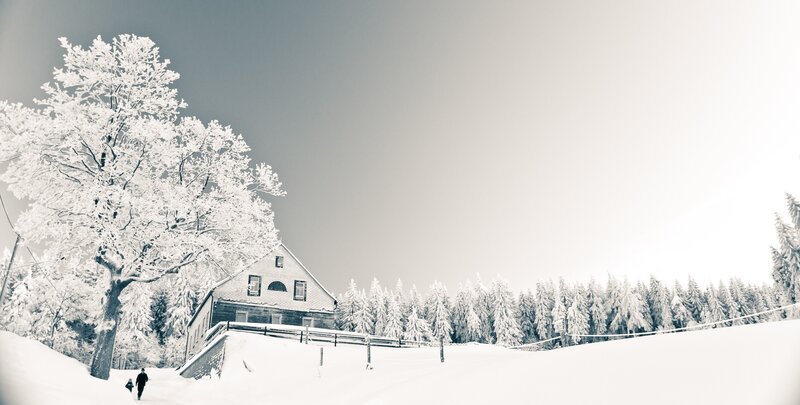 Snowy cabin in winter landscape