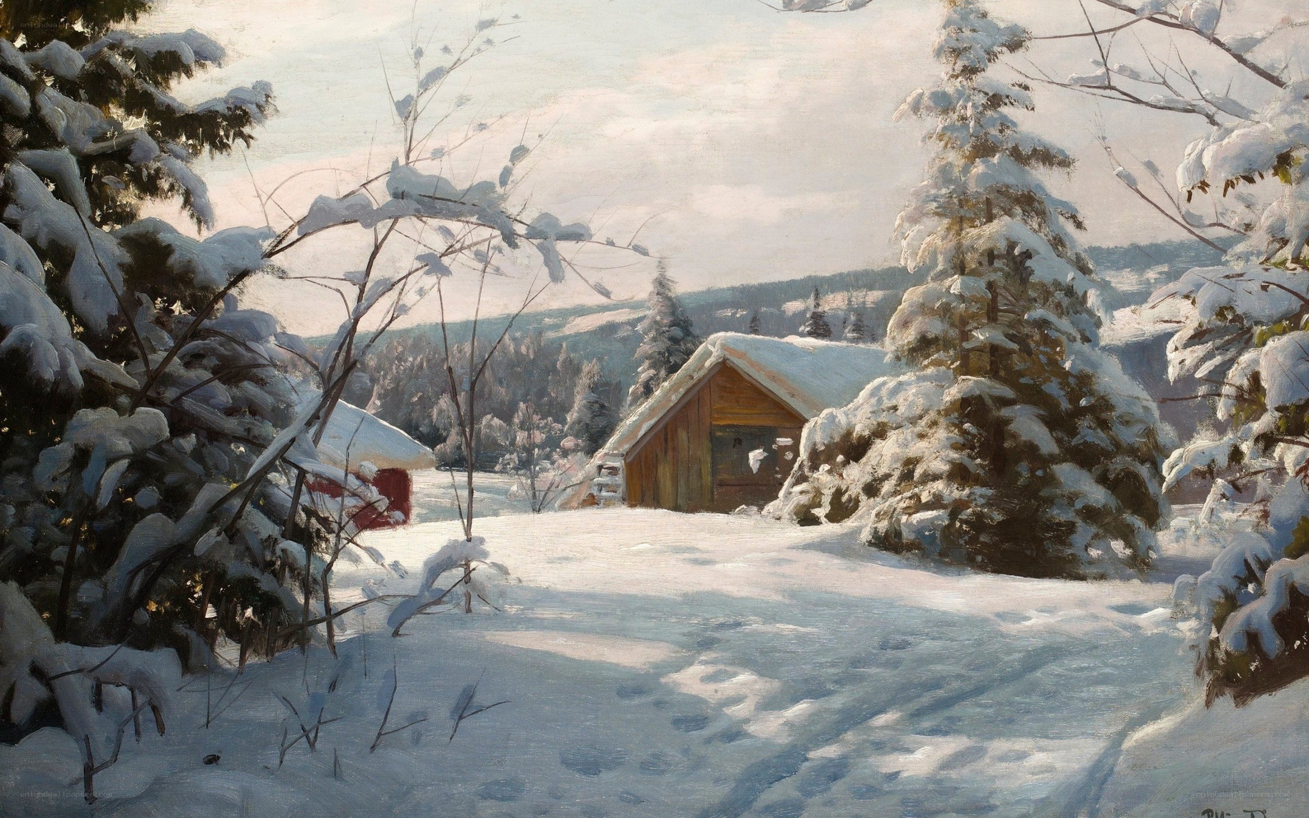 Snowy cabin in winter landscape