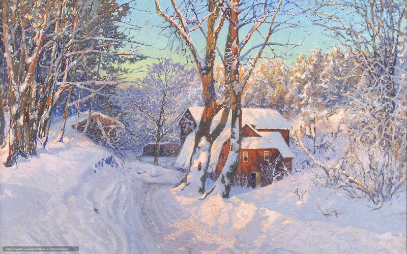 Snowy Cabin in Winter Landscape