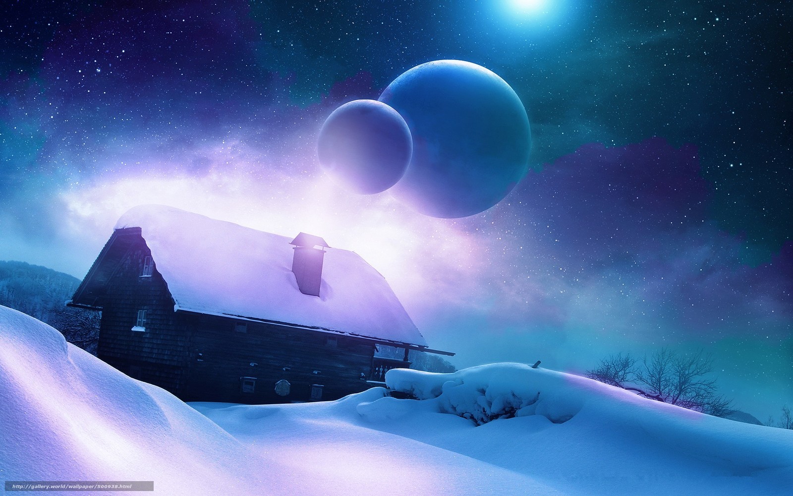Snowy cabin under alien sky