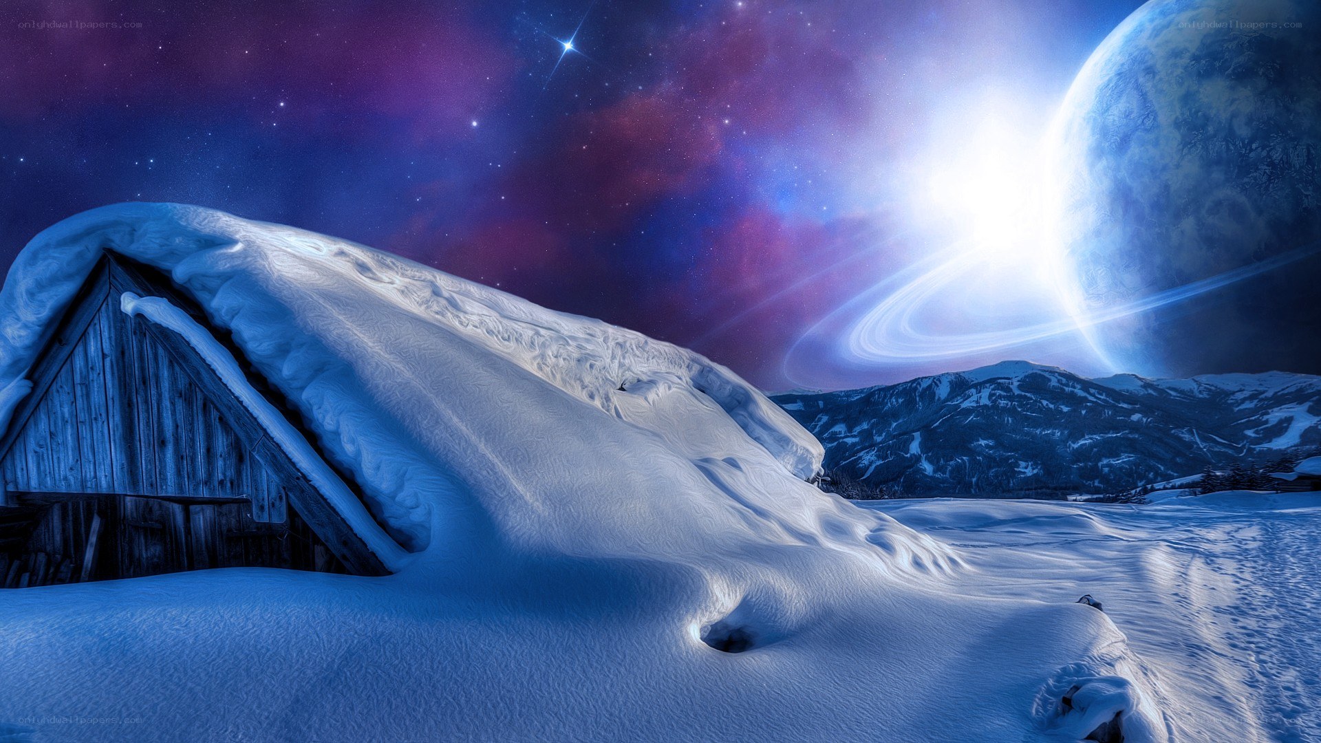 Snowy cabin under alien sky