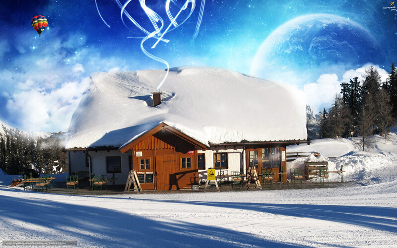 Snowy cabin under alien sky