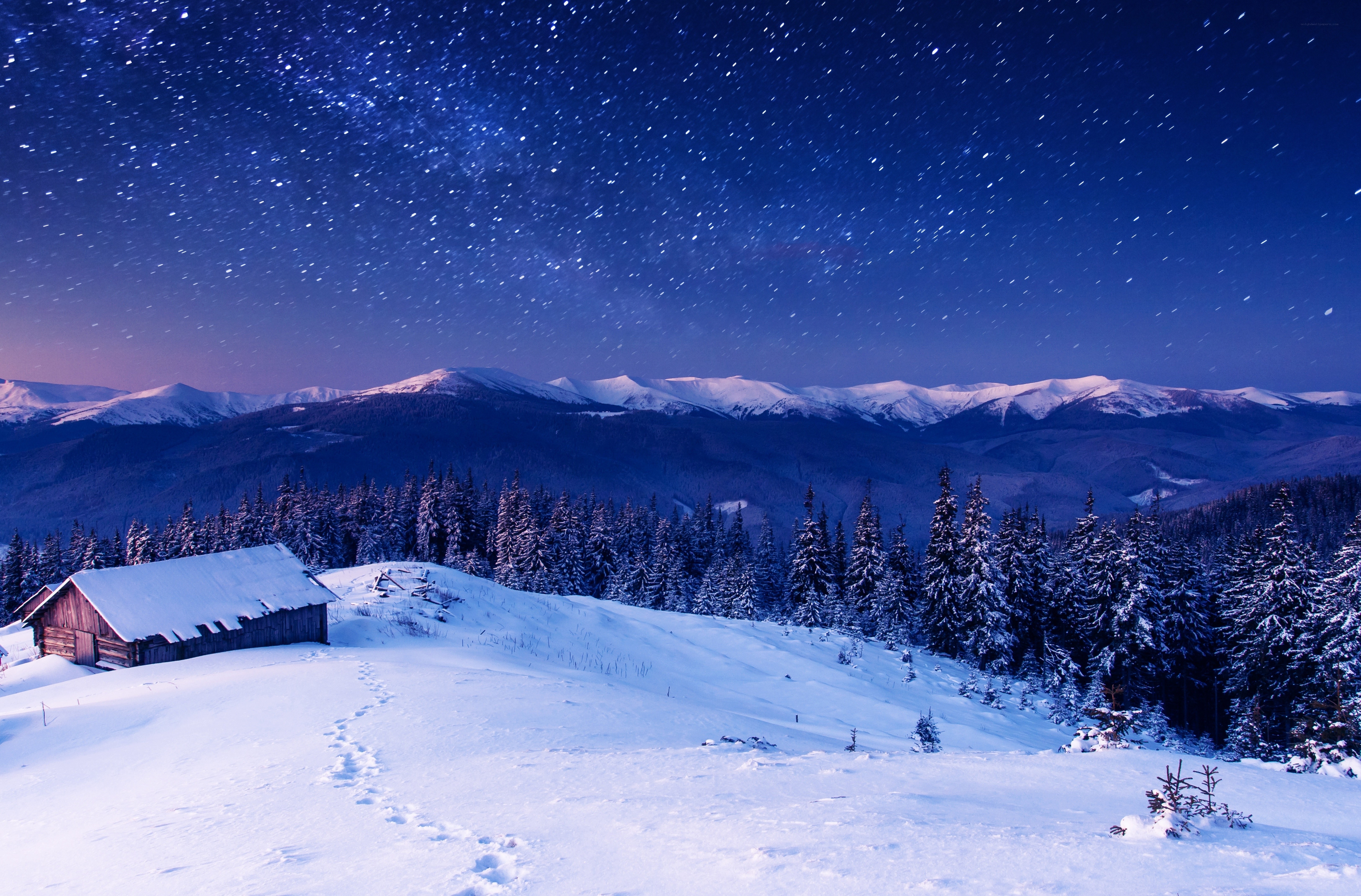 Snowy cabin under starry sky