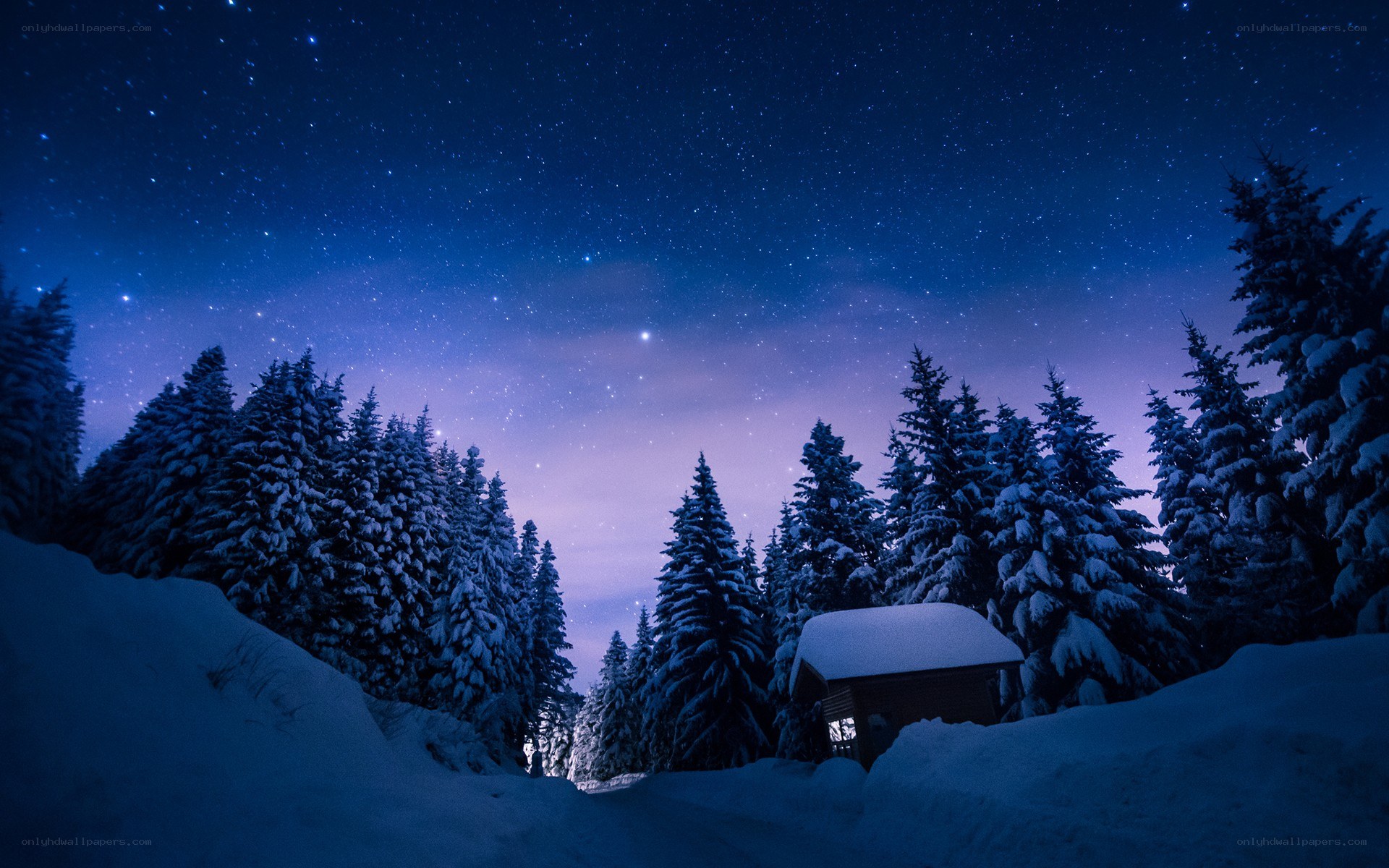 Snowy cabin under starry sky