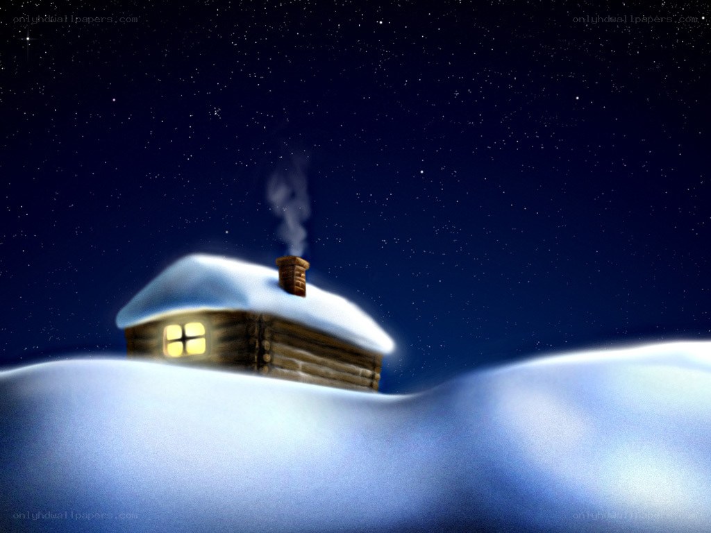 Snowy cabin under starry sky