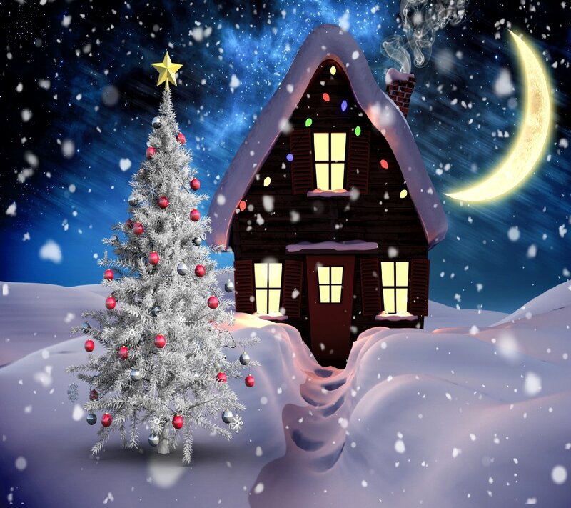 Snowy Cabin with Christmas Tree — Blue