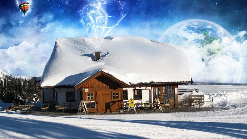 Snowy cabin with hot air balloon